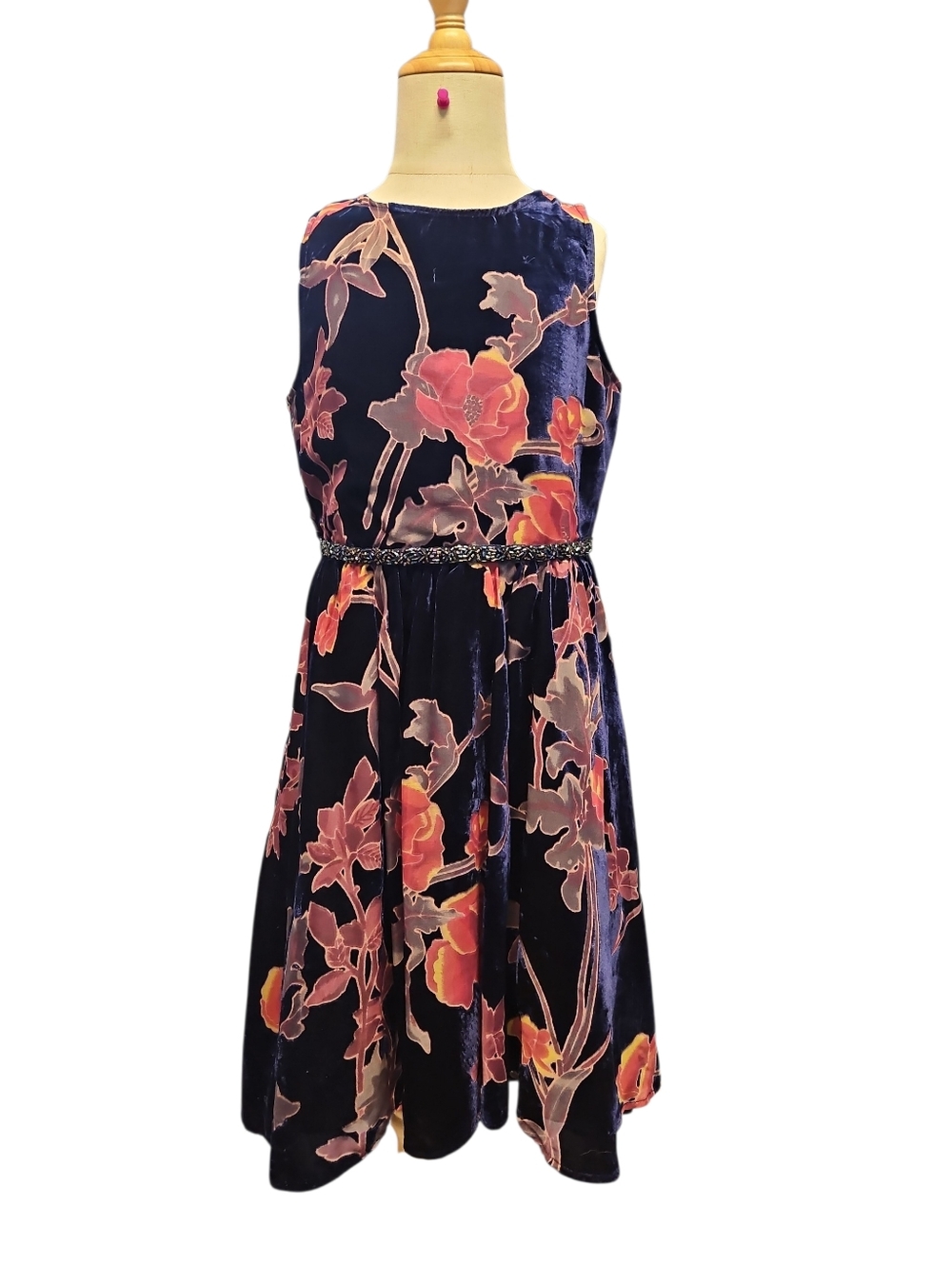 Rare Editions Navy Velvet Dress with Pink Floral Accents Size 8